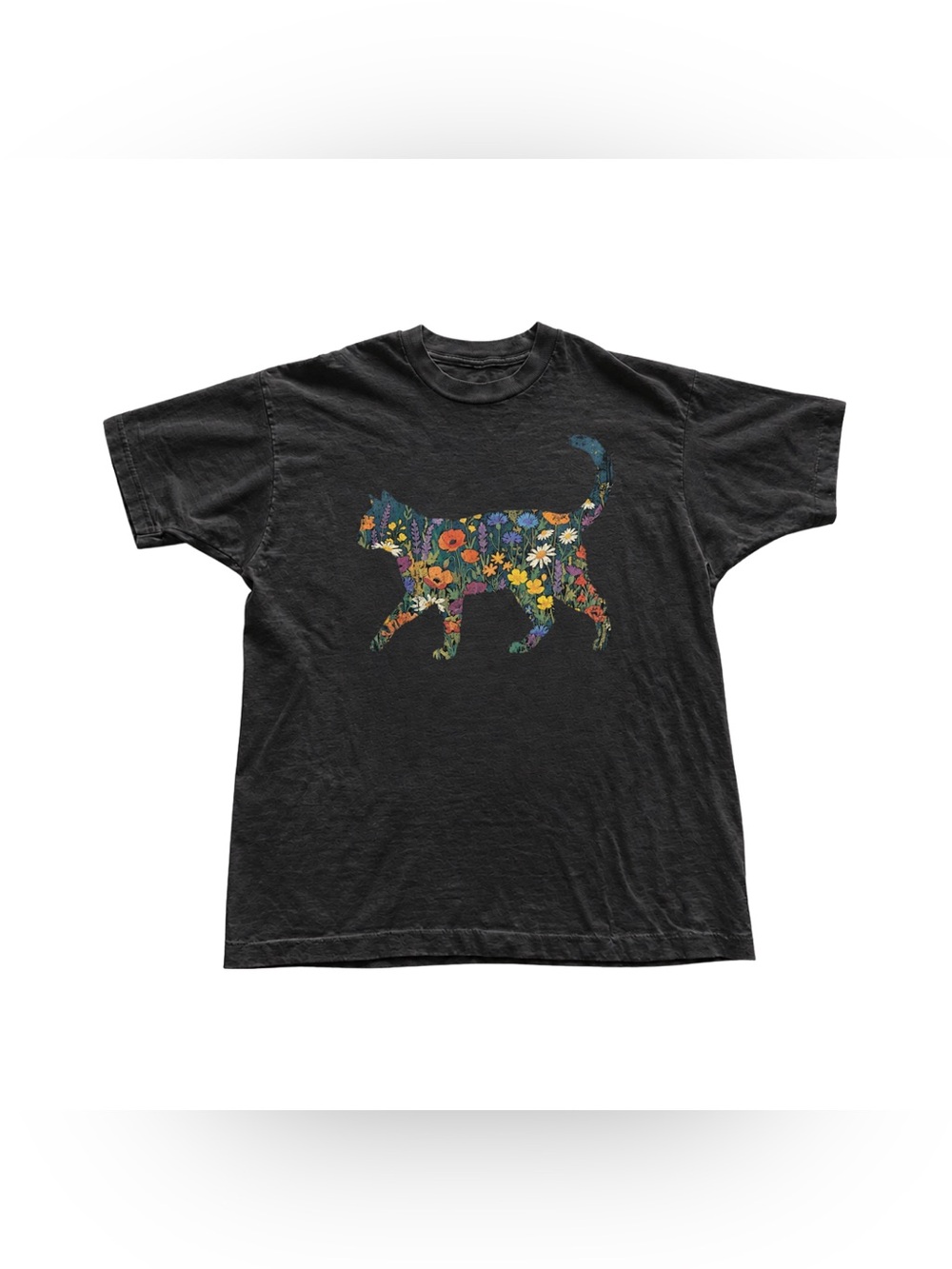 Black Tee with Multicolor Floral Cat Graphic